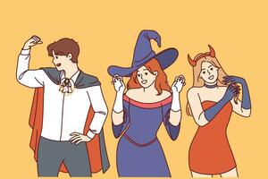 gens dans Halloween fête costumes inviter vous à visite de fête octobre Festival ou boîte de nuit. homme dans dracula vêtements et femme dans image de diable ou sorcière pour Halloween fête. vecteur