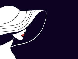 profil portrait de une élégant femme portant une chapeau avec rouge lèvres. horizontal foncé Contexte. minimaliste plat style. femelle visage et tête portrait côté vue fermer. vecteur
