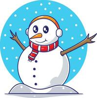 bonhomme de neige dessin animé modèle personnage avec chute de neige Contexte. plat conception vecteur pour hiver célébrer