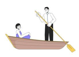 coréen Jeune adulte couple sur bateau balade 2d linéaire dessin animé personnages. romantique asiatique copain petite amie isolé ligne vecteur gens blanc Contexte. Lac romance Couleur plat place illustration