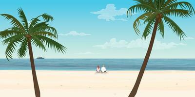 couple de amoureux séance sur le plage avec yacht à le horizon vecteur illustration. en voyageant Date concept plat conception.