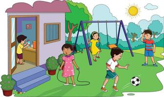des gamins en jouant dans été saison avec Soleil brillant vivement vecteur illustration.eps