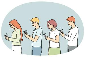 jeunes en ligne avec des smartphones dans les mains accros aux gadgets. hommes et femmes ayant une dépendance aux téléphones portables. technologie et monde moderne. illustration vectorielle. vecteur