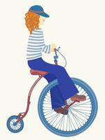 Jeune femme sur rétro monocycle. vecteur isolé illustration