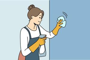 femme au foyer femme nettoyage appartement, essuyage mur ou verre en utilisant antibactérien vaporisateur, habillé dans tablier et gants. content fille travaux comme Femme de ménage dans motel et nettoyage en train de préparer pièce pour arrivée de invités vecteur