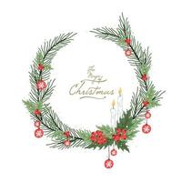 couronne de Noël avec des éléments floraux d'hiver. couronne décorée de branches de pin aspect réaliste, avec des décorations de baies, d'étoiles et de perles vecteur