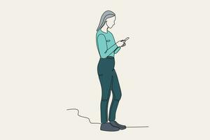 Couleur illustration de une femme en jouant avec gadgets vecteur