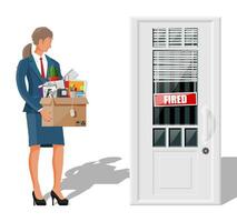 rejeter employé, porte avec mis à la porte mot assiette et papier carton boîte avec Bureau articles. embauche et recrutement. Humain Ressources la gestion concept recherche professionnel Personnel travail. plat vecteur illustration