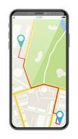 moderne téléphone intelligent avec carte et marqueur. GPS la navigation dans le téléphone avec vert et bleu pointeurs. suivi et emplacement concept. Piste app sur toucher filtrer. dessin animé plat vecteur illustration