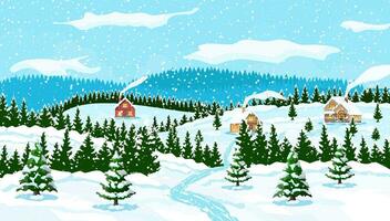 hiver Noël Contexte. pin arbre bois et neige. hiver paysage avec sapin des arbres forêt et village. content Nouveau année fête. Nouveau année Noël vacances. vecteur illustration plat style