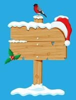 en bois enseigne isolé sur bleu avec bouvreuil oiseau, houx et Père Noël claus chapeau. content Nouveau année décoration. joyeux Noël vacances. Nouveau année et Noël fête. vecteur illustration plat style