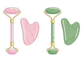 rose quartz et jade visage rouleau et gua sha outil. massage, visage routine, Matin se soucier illustration. vecteur