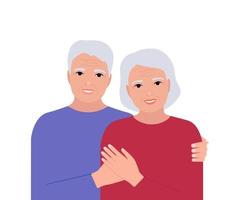 senior couple de personnes âgées homme et femme s'embrassent ensemble. grisonnant et avec des rides personnes. vieillesse familiale, couple heureux, amour. illustration vectorielle vecteur