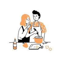 jeune homme et femme dessinés à la main cuisine vecteur