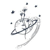 illustration vectorielle dessinés à la main d'une planète avec des étoiles et des fleurs vecteur