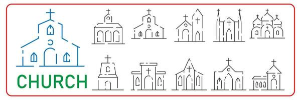 église ligne icône ensemble, vecteur pictogramme de le catholique chapelle bâtiment. religieux maison illustration, signe pour Christian logo. vecteur bâtiment.