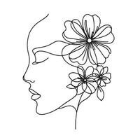 minimaliste ligne art de femme visage avec fleurs vecteur
