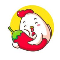 mignonne poulet avec rouge le Chili dessin animé. adorable kawaii animal concept conception. main tiré mascotte et logo vecteur illustration. isolé blanc Contexte.