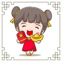 mignonne fille célébrer chinois Nouveau année dessin animé vecteur illustration. chinois année concept conception. adorable chibi main dessiné. isolé blanc Contexte.