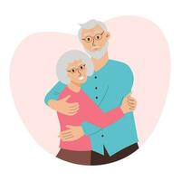 Sénior couple étreindre. personnes âgées femme et homme embrasser, soutien et prendre se soucier chaque autre. dessin animé plat vecteur illustration.