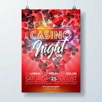 Vector illustration de flyer de nuit de casino avec des éléments de conception des jeux d&#39;argent et lettrage brillant sur fond rouge Modèle d&#39;affiche invitation de luxe.