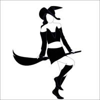 silhouette de personnage de thème halloween - sorcière avec balai silhouette dessinée à la main, silhouette de femme evel avec balai. isilhouette halloween sur fond isolé. vecteur