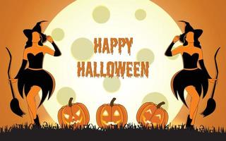 illustration d'halloween pour le fond et l'invitation de la fête d'halloween, illustration d'halloween vectorielle dessinée à la main avec une sorcière et une citrouille effrayante mignonne, illustration d'halloween avec une lune géante sur fond. vecteur