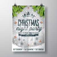 Vector design fête de joyeux Noël avec des éléments de typographie de vacances et des étoiles brillantes sur fond bois vintage.