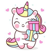 vecteur kawaii de dessin animé mignon de licorne tenant un cadeau danniversaire illustration de conte de fées de cheval de corne danimal