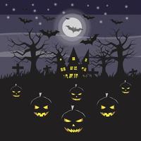 fête d'halloween avec des citrouilles et des chauves-souris au clair de lune vecteur