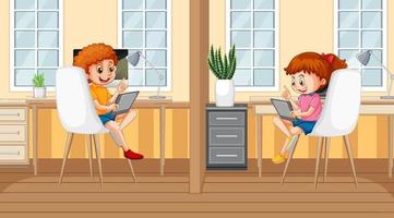 les enfants apprennent en ligne avec une tablette à la maison vecteur
