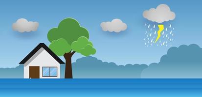 inondation catastrophe naturelle avec maison, fortes pluies et tempêtes, dommages à la maison, nuages et pluie, inondation d'eau dans la ville, maison inondée. vecteur