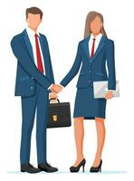 homme et femme dans affaires costume avec Cas et portable tremblement leur mains. rapports de Partenariat concept. affaires gens les partenaires poignée de main. réussi transaction, accord. plat vecteur illustration