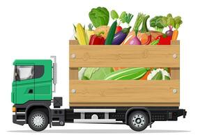 un camion voiture plein de des légumes des produits. magasin et ferme livrer service, Frais légumes. livraison et vente Naturel végétalien ferme nourriture concept. cargaison et la logistique. dessin animé plat vecteur illustration