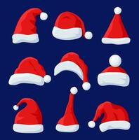 rouge Père Noël claus chapeau ensemble isolé sur bleu. chapeau avec fourrure et pompon. content Nouveau année décoration. joyeux Noël vêtements vacances. Nouveau année et Noël fête. vecteur illustration dans plat style