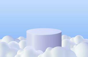 3d bleu podium dans duveteux des nuages Contexte. rendre podium dans nuageux scène. abstrait Plate-forme dans bleu ciel avec dessin animé des nuages. produit afficher présentation publicité. réaliste vecteur illustration