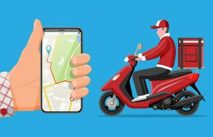 téléphone intelligent avec app et homme équitation moteur scooter avec le boîte. concept de vite livraison dans le ville. Masculin courrier avec parcelle boîte sur le sien retour avec des biens et des produits. dessin animé plat vecteur illustration