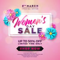 Womens Day Sale design avec belle fleur colorée sur fond rose vecteur