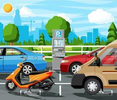 Payer pour voiture parc avec parking mètre paysage urbain. billet machine icône. sedan, van, moto véhicule. soi un service parking payer. électronique Paiement Terminal. dessin animé plat vecteur illustration