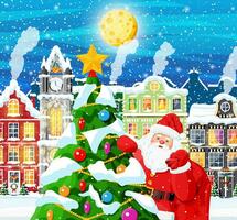 ville couvert neige. bâtiment dans vacances ornement. Noël paysage, Père Noël claus avec arbre. Nouveau année décoration. joyeux Noël vacances Noël fête. vecteur illustration
