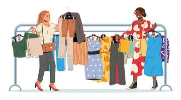 femme près grille avec vêtements. aux femmes vêtements sur cintre. Accueil ou magasin garde-robe. vêtements et accessoires. divers pendaison vêtements. veste, chemise, jeans, pantalon. dessin animé plat vecteur illustration