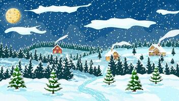 hiver Noël Contexte. pin arbre bois et neige. hiver paysage avec sapin des arbres forêt et village. content Nouveau année fête. Nouveau année Noël vacances. vecteur illustration plat style