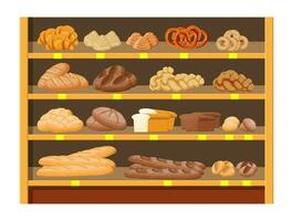 pain des produits dans achats centre commercial supermarché intérieur. entier grain, blé et seigle pain, griller, bretzel, pain ciabatta, croissant, beignet, français baguette, cannelle chignon. plat vecteur illustration