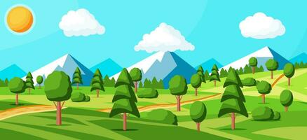 paysage de montagnes et vert collines. été la nature paysage avec rochers, forêt, herbe, soleil, ciel et des nuages. nationale parc ou la nature réserve. vecteur illustration dans plat style