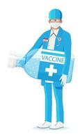 Masculin médecin détient grand ampoule avec vaccin. dessin animé médecin en portant gros bouteille isolé sur blanche. homme dans manteau avec médical vaccin dans récipient. vaccination concept. plat vecteur illustration