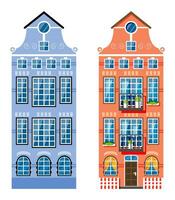 Résidentiel maison icône dans néerlandais style. Amsterdam vieux bâtiment isolé sur blanche. historique façade avec les fenêtres, porte, fleurs et rideaux. architecture de Pays-Bas. dessin animé plat vecteur illustration