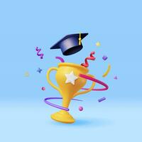 3d or trophée, confettis et l'obtention du diplôme casquette isolé. rendre d'or tasse et éducation chapeau. diplôme ou accréditation. objectif et réalisation. affaires l'obtention du diplôme concept. vecteur illustration