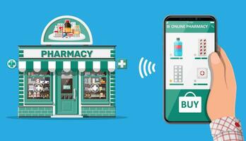 main en portant mobile téléphone avec l'Internet pharmacie achats application. pharmacie magasin façade. médical assistance, aider, soutien en ligne. santé se soucier application sur téléphone intelligent. vecteur illustration dans plat style