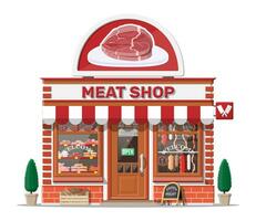 ancien Boucher magasin boutique façade avec vitrine. Viande rue marché. Viande boutique stalle vitrine comptoir. saucisse tranches épicerie fine gastronomique produit de du boeuf porc poulet. plat vecteur illustration