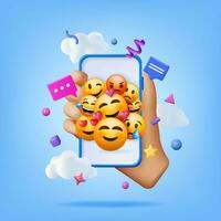 3d ensemble de émoticônes dans téléphone intelligent. social médias Jaune visages avec divers émotions et expression. déchirer sourire triste l'amour content malheureux comme lol en colère clin d'œil rire emoji personnage. vecteur illustration